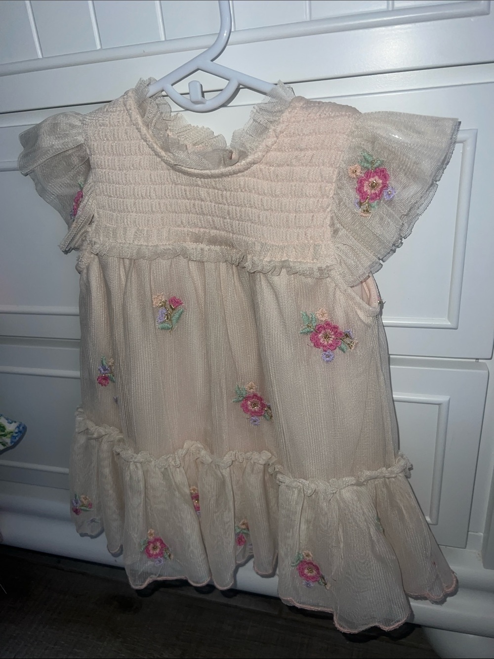 Rare Editions Baby Girl Cream Smocked Floral Embroidered Tulle Dress 6-9M